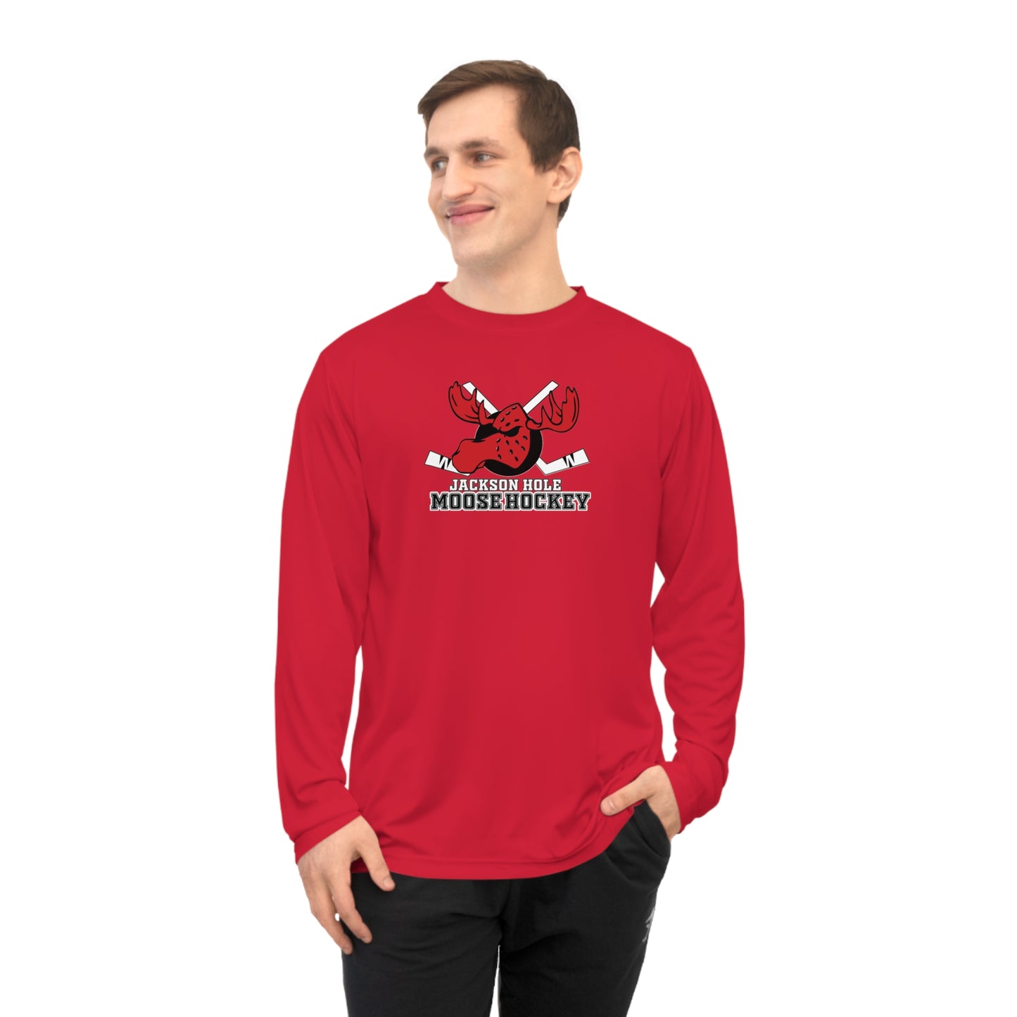 JH Moose Hockey Adult Unisex Performance Long Sleeve Shirt (Red)